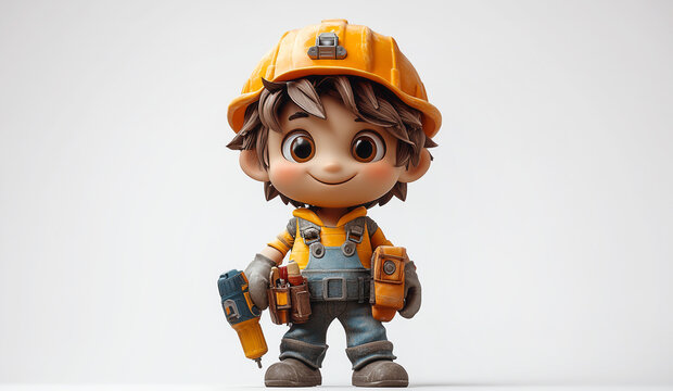Cute 3D child construction worker with hard hat, tool belt, and electric drill standing isolated on white