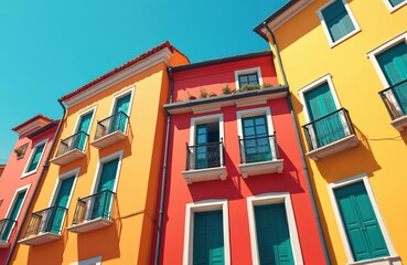 Obraz premium Colorful buildings with balconies, window shutters. Residential houses with vibrant orange, yellow, green colors. Urban architecture with white frames, black railings. Houses blue shutters, plants on