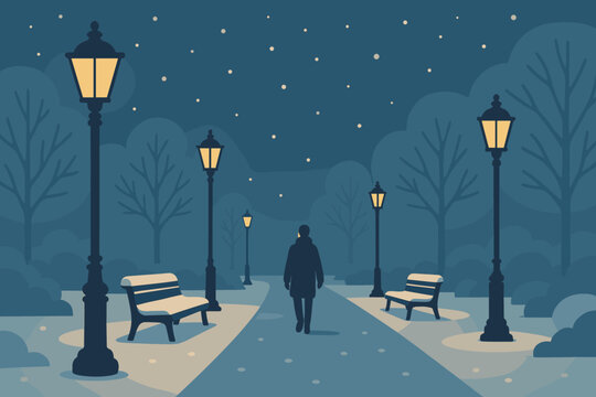 Lights winter figure illustration scene street walking walk through peaceful vector few