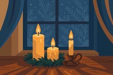 Candlelit winter illustration quiet scene dancing reflections frosted warmth lit delicate serenity
