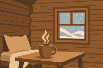 Retreat walls cabin wooden small vector interior illustration minimal window steaming cozy
