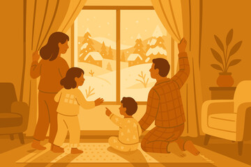 Curtains warmth pajamas winter calm morning tones family illustration cozy to vector