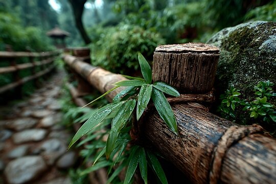 Bamboo fence rustic traditional garden scene high resolution picture