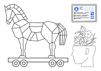 Geometric Trojan horse on wheels, online profile page, and a human head with blooming flowers. Ideal for cybersecurity, innovation, privacy, creativity, psychology strategy technology. Simple flat