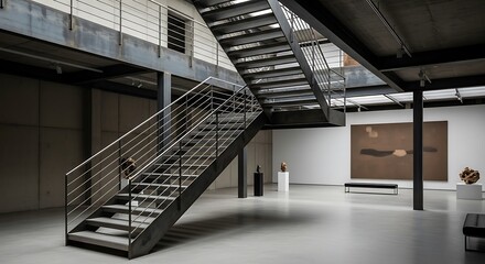 Architectural gallery interior featuring metal staircase and modern art exhibits, a harmonious blend of design