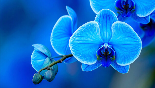 A stunning blue orchid in full bloom, captured in rich detail with textured petals and soft lighting, highlighting its exotic beauty against a smooth blue background.