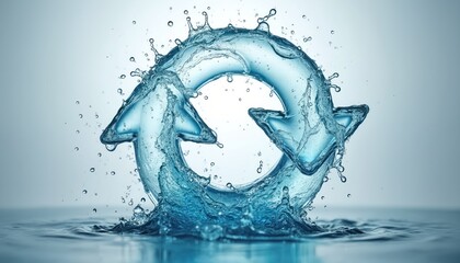 Arrows recycle symbol formed by liquid water splashing. Blue fluid creates circular motion with drops and waves. Clean resource concept for eco friendly use.