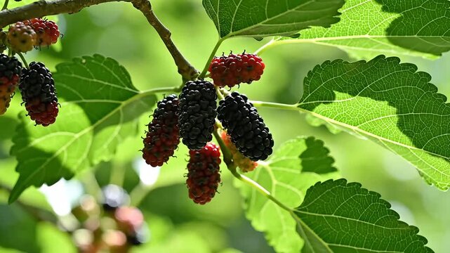 Close up of ripe mulberries on a tree branch with green leaves.