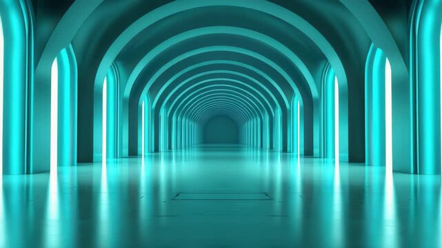 Turquoise Corridor: A long, symmetrical corridor bathed in turquoise light, the arches and reflective floor creating an immersive, futuristic atmosphere. 
