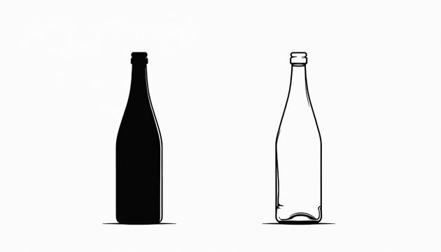 Bottle silhouette and outline shown on white background. Glass container for beverages like wine beer or spirits. Clean minimalist design for labels and branding.