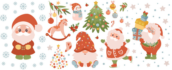 A cute Christmas clipart set with a gnome, decorated Christmas tree, Santa Claus, Scandinavian horse, mistletoe  and winter holiday elements. Merry Christmas!