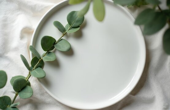 Clean white plate decorated with green eucalyptus leaves on textured fabric. Simple food presentation background. Modern food photography styling for culinary blog or restaurant menu design. - Powered by Adobe