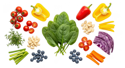 Fresh healthy vegetables, fruits, and nuts isolated on transparent background