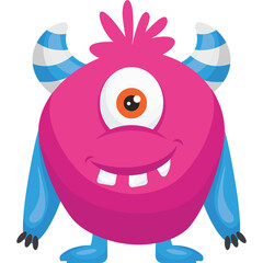 Vibrant pink monster with one eye and blue striped horns and arms stands on blue feet against a transparent background showcasing a playful cartoon character perfect for children's themes and digital