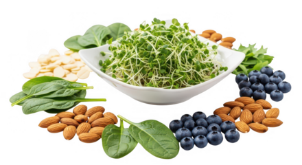Nutritious selection of sprouts, spinach, blueberries, and almonds isolated on transparent background