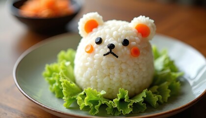 Artistic rice ball decorated like a bear on plate with lettuce. Playful food art composition is creative colorful and appealing. It is a delicious meal for kids and an enjoyable snack.