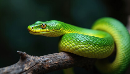 Obraz premium Green viper rests coiled on rough tree branch. Serpent has bright scales and piercing orange eye. Wildlife reptile poses in natural habitat, showing dangerous beauty.
