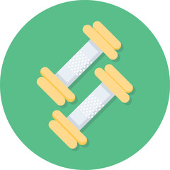 Two light gray dumbbells with yellow ends and white dots on a green circle background with transparent edges and a simple flat design style