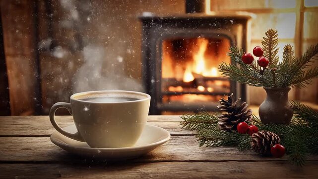 A seamless cinemagraph loop of steaming coffee by a fireplace. A cozy winter morning scene with a rustic table and snow falling outside the window.