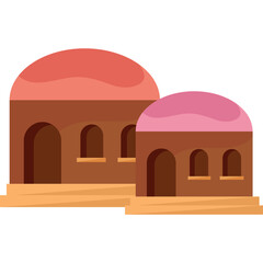 Two Traditional Buildings With Pink And Red Domes And Arched Entrances On A Sunny Day