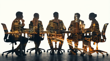 Global corporate strategy and teamwork concept with a double exposure of a business people meeting and illuminated cityscape.