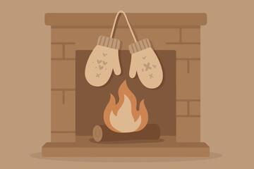 Vector simplicity hanging tones winter illustration near fire muted mittens shadows cozy