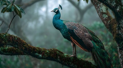 Obraz premium Majestic Peacock Perched on a Mossy Tree Branch in a Misty Forest.