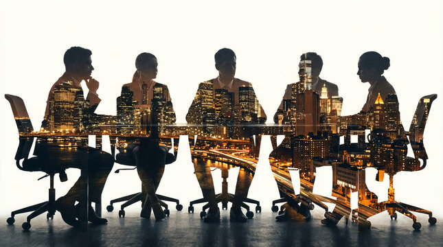 Global corporate strategy and teamwork concept with a double exposure of a business people meeting and illuminated cityscape. - Powered by Adobe