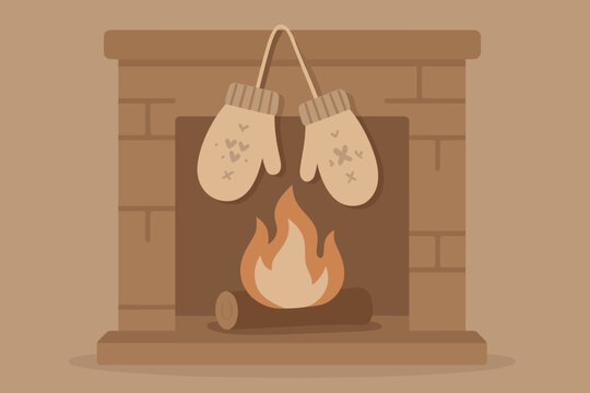 Vector simplicity hanging tones winter illustration near fire muted mittens shadows cozy