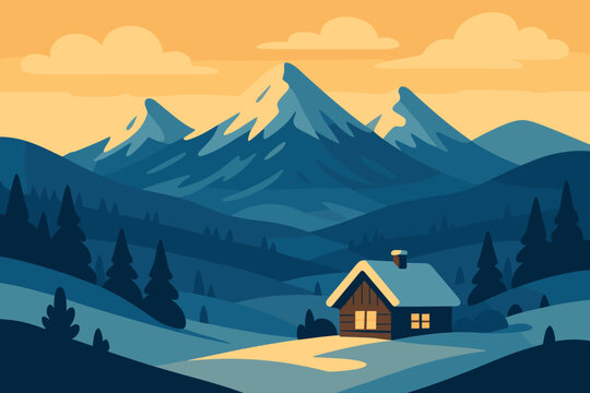 Cabin valley golden gentle tones serene snowy illustration vector above holiday