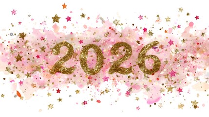 Sparkling glittery gold "2026" stands out against a festive pink and gold watercolor splatter design to celebrate the coming New Year celebration.