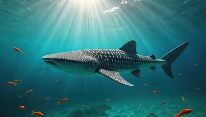 Large whale swims in clear blue ocean water. Small orange fish swim around it. Sunlight beams pierce water surface creating beautiful underwater scene.