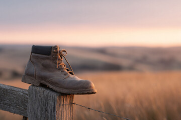 Lone boot on fence post at sunset. Symbolizes hard work, journeys end, or a nostalgic farewell. Evokes feelings of rustic simplicity and ruggedness.