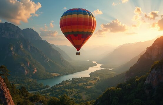 Colorful hot air balloon floats above vast mountain valley river at sunrise. People enjoy scenic aerial view journey. Serene natural landscape travel.