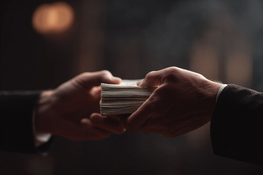 A clandestine transfer of wealth. Two hands exchanging a stack of cash in a shadowy setting. Conveys themes of finance, corruption, bribery, or investment. Dramatic lighting.