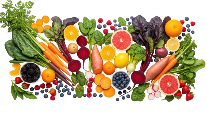 Vibrant selection of healthy fruits and vegetables, isolated on transparent background