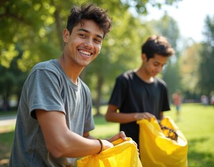 Young diverse teens collect rubbish in park for community service day. Friends help clean green space, fill yellow bags with litter, promote eco-friendly environment, togetherness, and volunteerism.