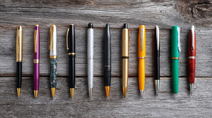 Collection of fountain pens aligned on rustic wood. Refined writing instruments for business, journaling, or gifts. Symbol of classic style and elegance.