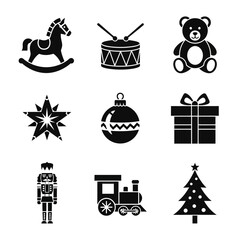 Fototapeta premium Christmas icon set including rocking horse, drum, teddy bear, star, ornament, gift, train, and tree in festive holiday
