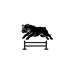 Bulldog jumping over hurdle in playful energetic motion, athletic pet portrait