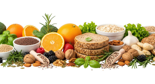 Healthy food, grains, fruits, nuts, seeds isolated on transparent background - Powered by Adobe