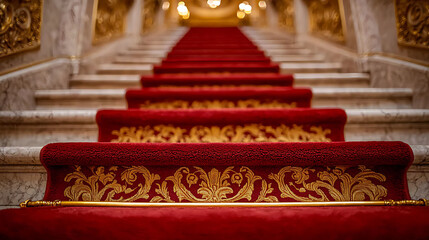 Luxurious red carpet runner ascends a grand marble staircase, adorned with ornate gold detailing.  Evokes success, achievement, elegance, and sophistication.