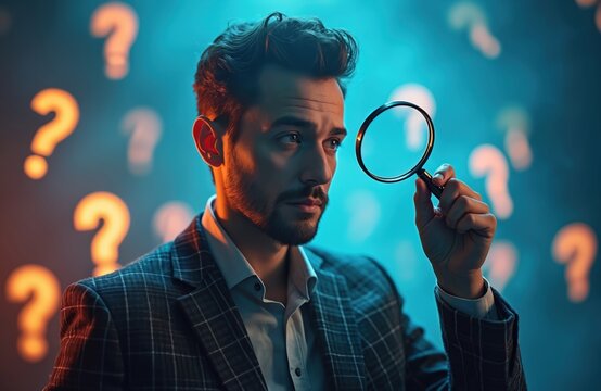 Man studies with magnifying glass, surrounded by many bright question marks in abstract art. He searches for answers, thinking hard about problems, seeking clarity, looking for truth. - Powered by Adobe