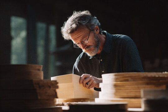 Artisan craftsman meticulously works on wooden pieces in his workshop. Focused, skilled, creating. Great for woodworking, craftsmanship and small business themes. - Powered by Adobe