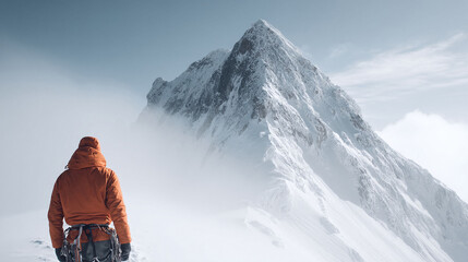 Man in orange jacket looks toward snowy peak, an adventurer against a challenging mountain. Inspires courage, determination, and adventure. Perfect for motivation, travel, nature.
