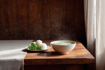 Steaming bowl of noodle soup on rustic wood table with natural light. Represents comfort, health, and simple pleasures. Ideal for food blogs or wellness content.