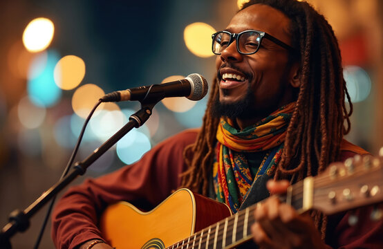 Black man with dreadlocks and glasses sings joyfully while playing acoustic guitar near microphone. Colorful scarf adds bohemian style to his music performance with bokeh lights background.