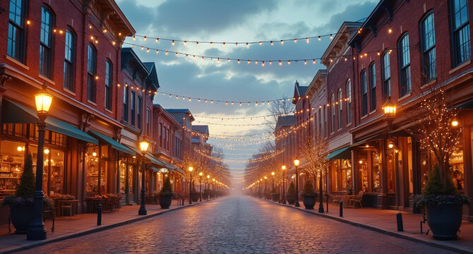 Quiet cobblestone street lined with brick buildings, shops, and cafes. String lights glow above bare trees, illuminating quaint town square at dusk. Warm inviting scene.