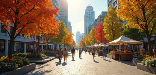 People walk along a bright city plaza lined with colorful autumn trees and market stalls. Tall modern buildings rise behind the vibrant urban scene. Shoppers browse outdoor vendor displays.