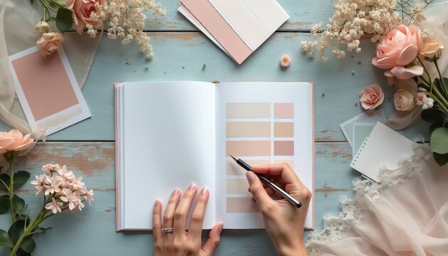 Hands plan wedding details in open book with color swatches. Gentle pastel roses, florals, lace, and invitations are laid out on a rustic blue table. Bride makes notes for her special day.